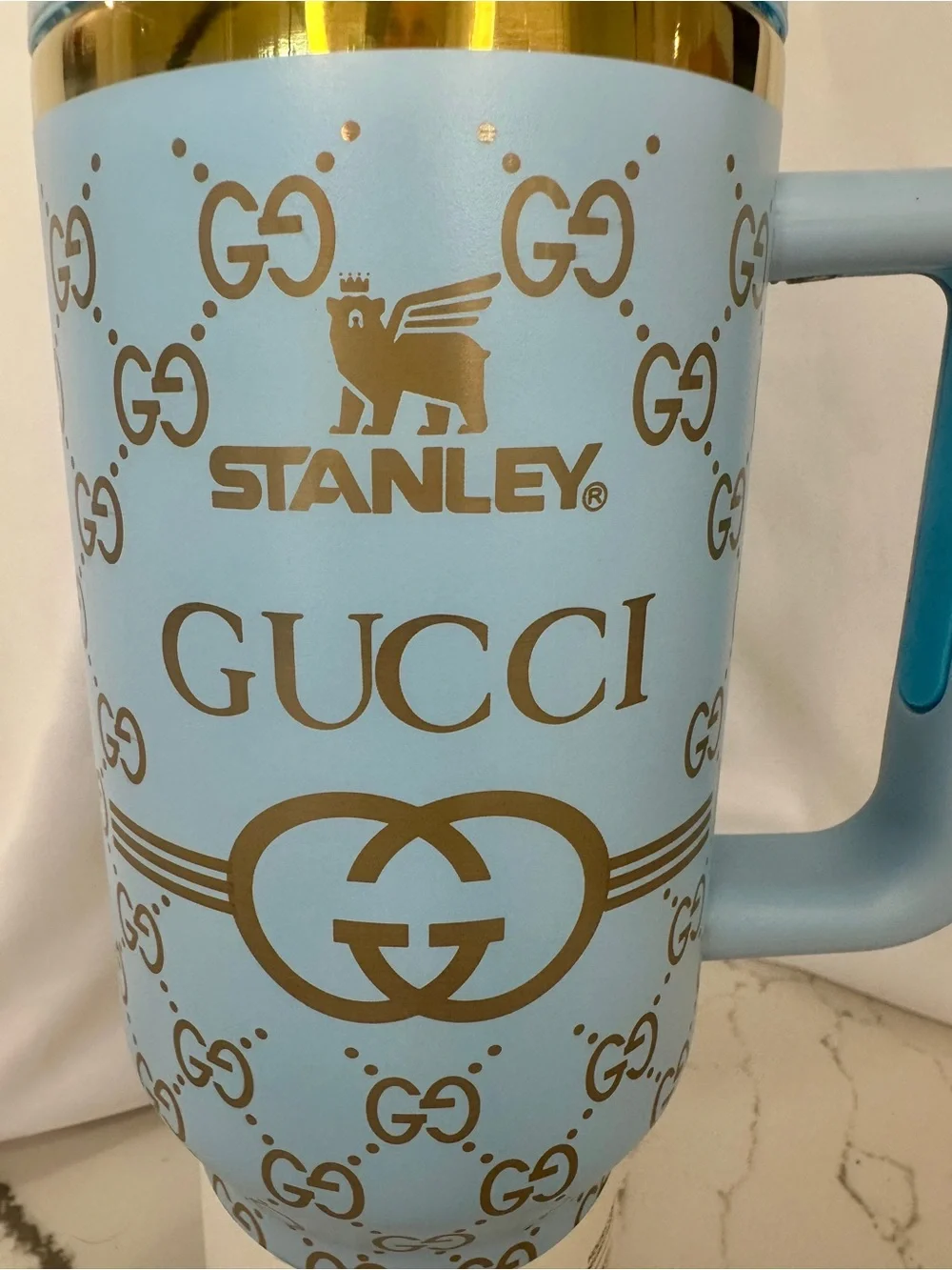 Stanley Style Light Blue 40oz Travel Tumbler Gold Monogram Pattern - Picture 4 of 5